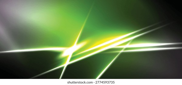 Abstract energy lines, vibrant green hues, dynamic composition. Bright glow creates futuristic feel, dark background contrasts sharply.