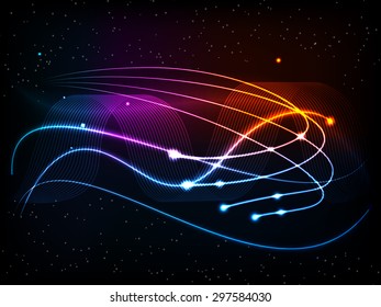 Abstract energy stream design on dark background, colored violet, yellow and blue. Contains bright lights, blurry particles, the shining lines and asterisks.