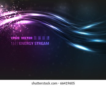 Abstract energy stream design on dark background, colored violet and blue. Contains bright lights and blurry particles.