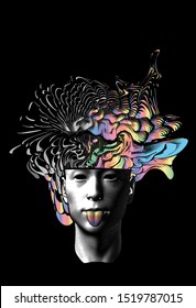 Abstract engraved vintage drawing of human head stick out tougue with colorful rainbow brain splash explode outside vector illustration isolated on black background