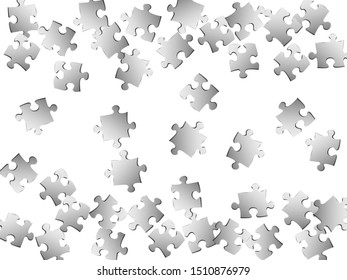 Abstract enigma jigsaw puzzle metallic silver pieces vector background. Scatter of puzzle pieces isolated on white. Challenge abstract concept. Jigsaw pieces clip art.
