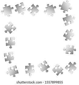 Abstract enigma jigsaw puzzle metallic silver parts vector illustration. Scatter of puzzle pieces isolated on white. Success abstract concept. Connection elements.