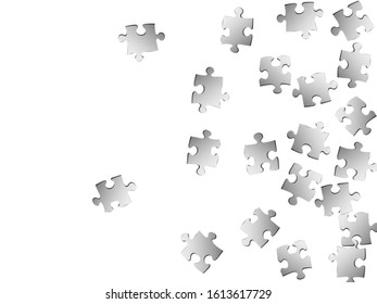 Abstract enigma jigsaw puzzle metallic silver parts vector illustration. Scatter of puzzle pieces isolated on white. Success abstract concept. Jigsaw gradient plugins.