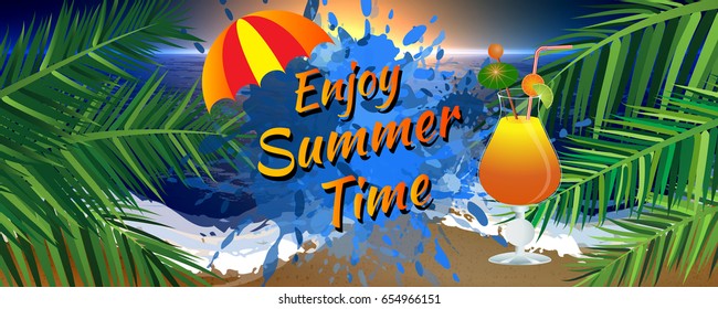 Abstract enjoy summer time banner with umbrella, palm leaves, and icy cocktail glass. Sunset on the beach.