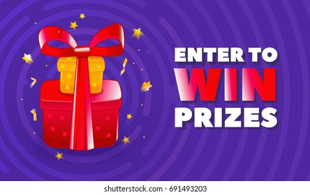 Abstract enter to win banner with illustration of red gifts with ribbon and golden stars decoration. Text ENTER TO WIN PRIZES, confetti, purple circles as background. Festive lottery promotion concept