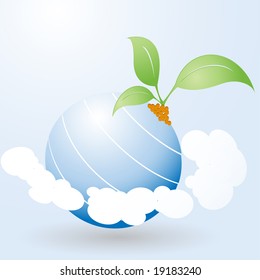 abstract environmental concept with planet, clouds, and sprout