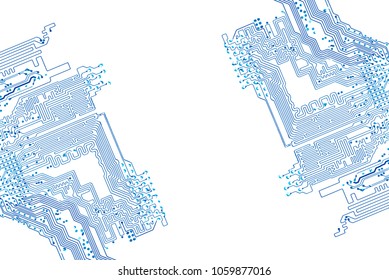 Abstract EPS10 vector background with high tech circuit board. Microchip background with two diagonal simmetrical motherboard pattern elements frame and copy space for your text.