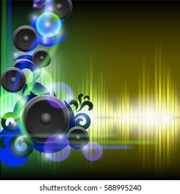 Abstract equalizer background with speakers. Green yellow wave. EPS10 vector.