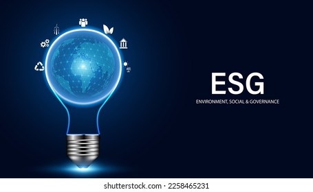 Abstract ESG concept Environment, Social, and Governance, illustrated idea from bulbs and global energy conservation and icons, people, wind turbines, bank, solar power and circular economy on blue 
