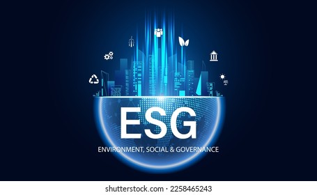 Resumen del concepto ESG Medio ambiente, social y gobernabilidad, idea ilustrada de la conservación e íconos globales de energía, personas, turbinas eólicas, bancos, energía solar y economía circular en azul 