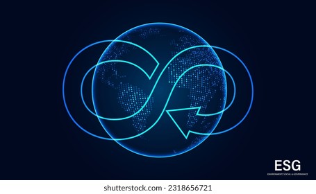 Abstract ESG world concept Environment, Social, and Governance, illustrated idea Circular Economy Symbols on blue background