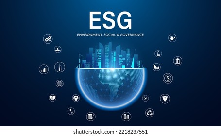 Abstrakte ESG-Welt mit Icon-Konzept nachhaltige Unternehmensentwicklung Umwelt, Soziales und Governance auf einem modernen grünen Hintergrund.