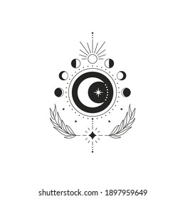 Abstract esoteric line drawing. Boho moon phases mystical magic celestial tattoo, minimal logo design. Vector illustration
