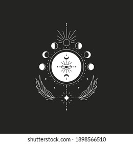Abstract esoteric line drawing. Boho moon phases mystical magic eye, celestial tattoo, minimal logo. Vector illustration