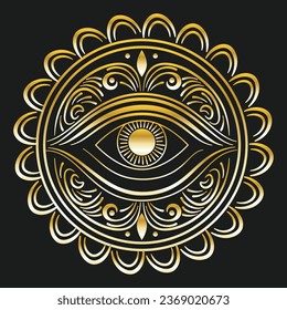 Resumen de ornamento esotérico con ilustración ocular humana.