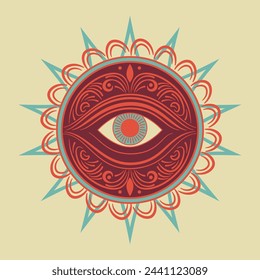 Abstract esoteric ornament with human eye illustration.
