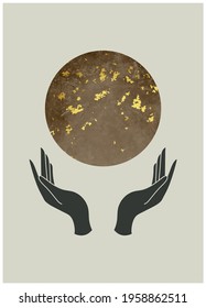 Abstract esoteric poster. Golden moon, sun, globe, sky, hands, texture. Minimal hand painted style. Magic concept. Design for card, print, wallpaper, wall decor, background. Vector illustration. 