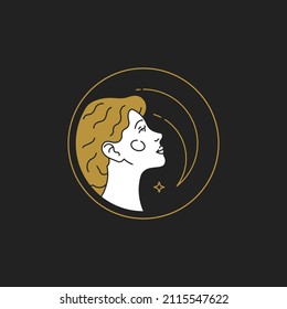 Abstract Esoteric Woman Head With Stars Half Moon At Golden Circle Frame Minimalistic Linear Logo Vector Illustration. Antique Blonde Female Delicate Skincare Mythical Meditation Outline Rounded Board