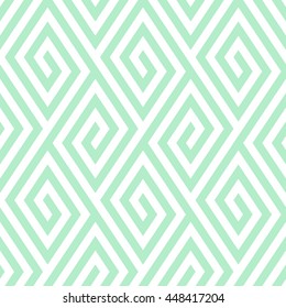 Abstract ethic geometric pattern with maze, diagonal stripes and lines in mint green and white. Op art seamless geometric background. Simple tribal bold print with ethnic african and moroccan motif