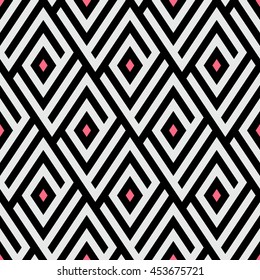 Abstract ethic geometric pattern with maze, diagonal stripes and lines in black and white with pink peekaboo. Op art seamless background. Simple tribal bold print with ethnic african moroccan motif