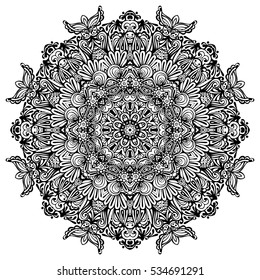 Abstract ethnic art, patterned Indian paisley. Hand drawn illustration. Invitation element. Beautiful Indian floral ornament. Henna tattoo style.