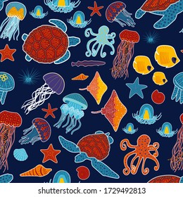 Abstract ethnic background with stylized silhouettes of jellyfish, turtle, shell, fish, octopus and other sea underwater inhabitants, tribal handmade vector seamless pattern about ocean animals.