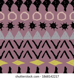 Abstract ethnic boho tribal seamless pattern geometric texture grunge crayons ink. black gray yellow pink lilac background. Can be used for greeting card design, Gift wrap, fabrics, wallpapers. Vector