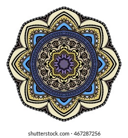 Abstract ethnic colored mandala ornamental pattern. Unique oriental style hand drawn design elements.