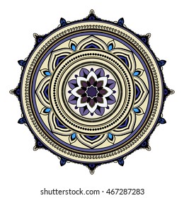 Abstract ethnic colored mandala ornamental pattern. Unique oriental style hand drawn design elements.