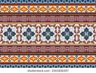 Abstract, ethnic damas fabric pattern, cream tones, orange, red, blue, full damask pattern, alternating colors, for decorating textiles, backgrounds, shirts, carpets, curtains, cards as desired.
