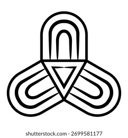 Abstract ethnic decorative element from ancient Dania. Triskele motif. Sacred Norse symbol. Black and white linear silhouette.