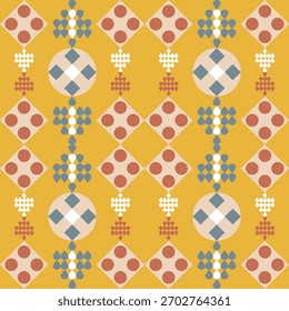 Abstractas diamante étnico y patrón de puntos en rosa, beige y azul sobre fondo amarillo.