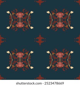 Abstract ethnic fabric pattern, floral pattern in red, dull blue background, vector design for wallpaper, background, fabric pattern, tile.