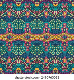 Abstraktes ethnisches Festmuster für Stoff. Geometrische Kritzel bunte nahtlose Muster ornamental. Komplexe Bildschirmhintergrund Textur mexikanisch
