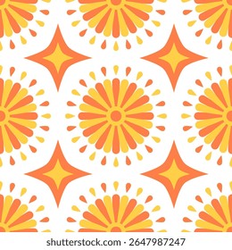 Abstract ethnic flower seamless pattern.Beutiful orange texture in vintage American,Mexican,African, mediterranean style.Aztec geometric fabric folk art background.Element boho design for print decor.