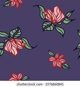 Abstract Ethnic Flowers and Leaves Repeating Vector Pattern Isolated Background
