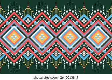 Abstract Ethnic Geometric Navajo Tribal Native Ornament Red Light Blue Yellow on Dark Green Background Design for background, rug, wallpaper, wrapping, cloth, fabric, textile, curtain, embroidery