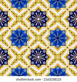 Abstract ethnic geometric oriental orchid flower seamless pattern illustration blue white golden for ceramic tile floor pattern,print,border,interior