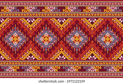 Abstract ethnic geometric pattern design for fabric, curtain, background, carpet, wallpaper, clothing, wrapping, Batik, Vector illustration. Seamless pattern repeating design with geometric shapes.
