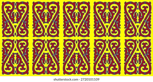 Abstraktes ethnisches geometrisches Muster. Traditioneller roter und gelber Carving-Hintergrund. Vektorgrafik für Textilien oder Tapeten