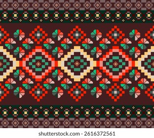 Abstract ethnic geometric pattern seamless design for background, wallpaper, fabric, curtain, clothing,  wrapping. Vector illustration embroidery style.this pattern features vibrant floral.