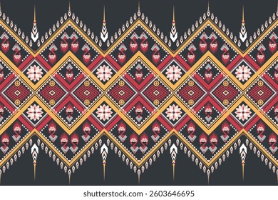 Abstract Ethnic Geometric Red Yellow Pattern Native American Traditional For Fabric, tile, carpet, vector, illustration design, Dark Gray Background