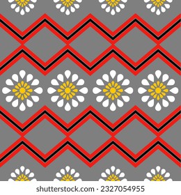 Abstract ethnic geometric seamless patterns vector design for wallpaper,fabric,carpet,pillow case, curtain and clothing.Use black,red color and yellow,white flower’s color.