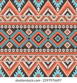 Abstract ethnic geometric texture pattern. Seamless blue and gold color of tribal abstract fabric textile on brown and orange background