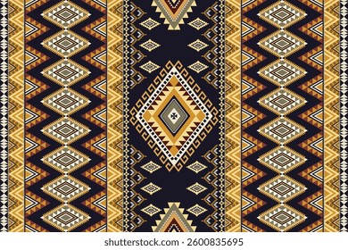 Abstract ethnic geometric texture pattern. Seamless brown and yellow color of tribal abstract fabric textile on dark violet and back background