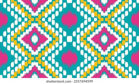Abstract ethnic ikat art vector illustration in geometric patterns in blue, pink, white, yellow tones for design, textiles, patterns, ethnic fabrics, wallpaper, interiors, products, lifestyle.
