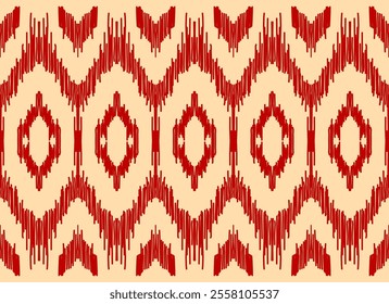 Abstract ethnic Ikat art vector illustration in geometric pattern. Red and beige tones for art backgrounds Textile, fashion and interior design