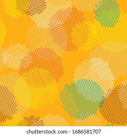 Abstract ethnic Ikat geometric seamless pattern. Bright scribble sketchy circles on yellow background. Ethnic asian, uzbek, indian, fashion style. Fancy tribal texture for fabric print, wallpaper.