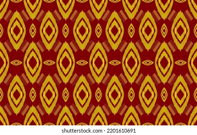 Resumen de un patrón geométrico sin costuras de ikat étnico. Tela nativa azteca de tela tribal color dorado sobre fondo marrón rojizo oscuro. Diseño vectorial para texturas, textiles, prendas de vestir, papel tapizado, alfombras, bordado. 