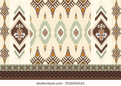 Abstract ethnic ikat pattern in cream, brown color. Geometric ikat pattern, ethnic design. For textiles, clothing, bags, embroidery, wallpaper, knitting.